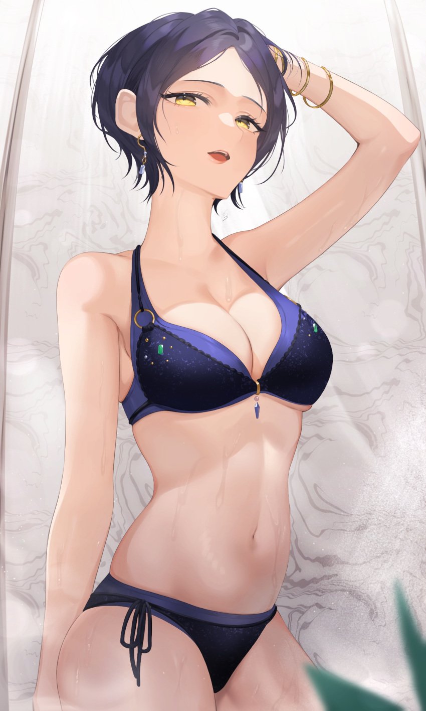 :o arm_up armpits bangle bikini black_bikini blue_hair blurry blurry_foreground blush bracelet breasts cleavage clothed_bath commentary_request dark_blue_hair depth_of_field earrings female halterneck hayami_kanade highres idolmaster idolmaster_cinderella_girls jewelry koyo_akio layered_bikini looking_at_viewer medium_breasts navel parted_bangs short_hair side-tie_bikini_bottom smile solo steam stomach sweat swimsuit yellow_eyes