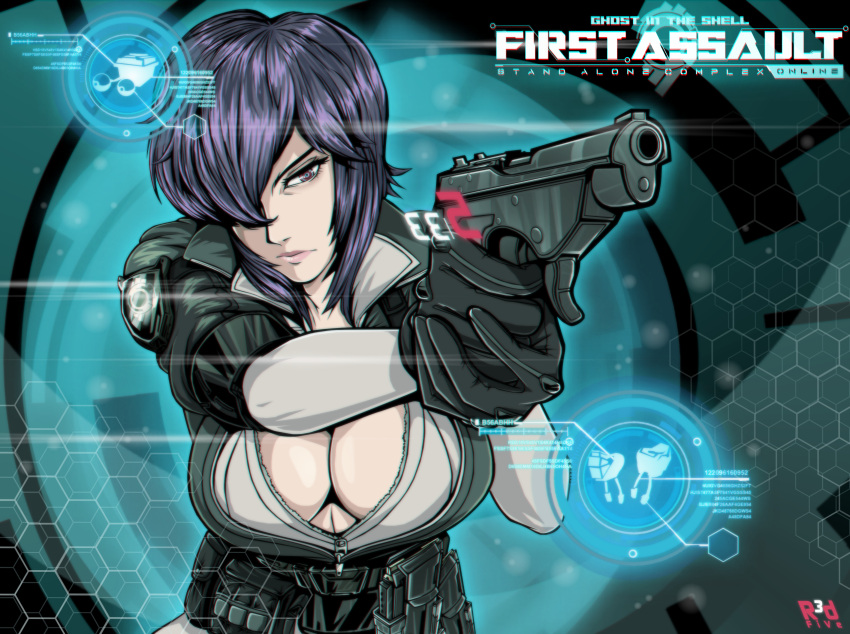 absurdres aiming ammunition bad_deviantart_id bad_id belt black_gloves breasts cleavage commentary cyberpunk cyborg english_commentary female firing ghost_in_the_shell ghost_in_the_shell_stand_alone_complex gloves gun hair_over_eyes handgun heads-up_display highres holding holding_gun holding_weapon jacket kusanagi_motoko large_breasts lips one_eye_covered open_clothes open_jacket open_shirt purple_hair r3dfive science_fiction short_hair solo unzipped utility_belt weapon