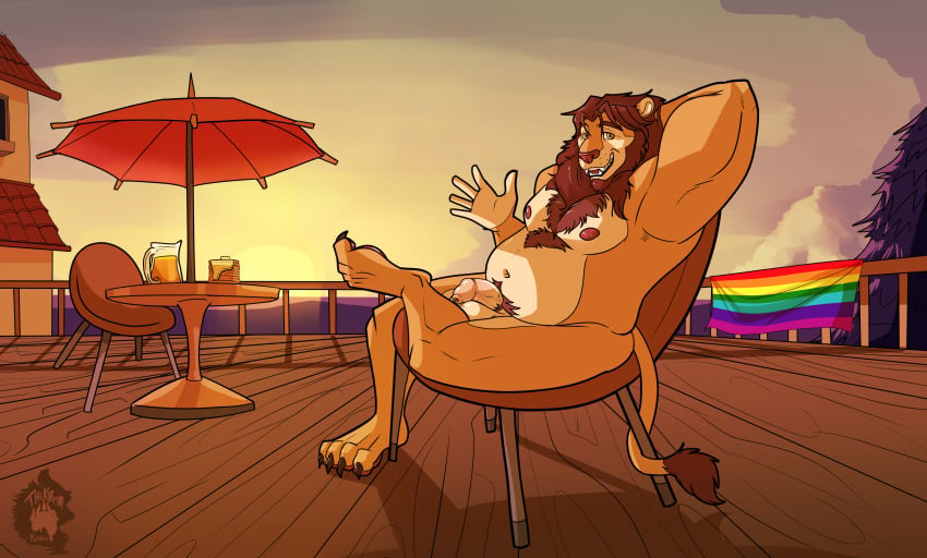 4_toes absurd_res anthro balcony balls body_hair breakfast casual_exposure casual_nudity chest_hair claws feet felid food gayporn genitals gesture hi_res humanoid_genitalia humanoid_penis lion looking_at_viewer male male_anthro mammal nipples pantherine penis pubes solo sunrise thekinkybear toe_claws toes waffle waving waving_at_viewer