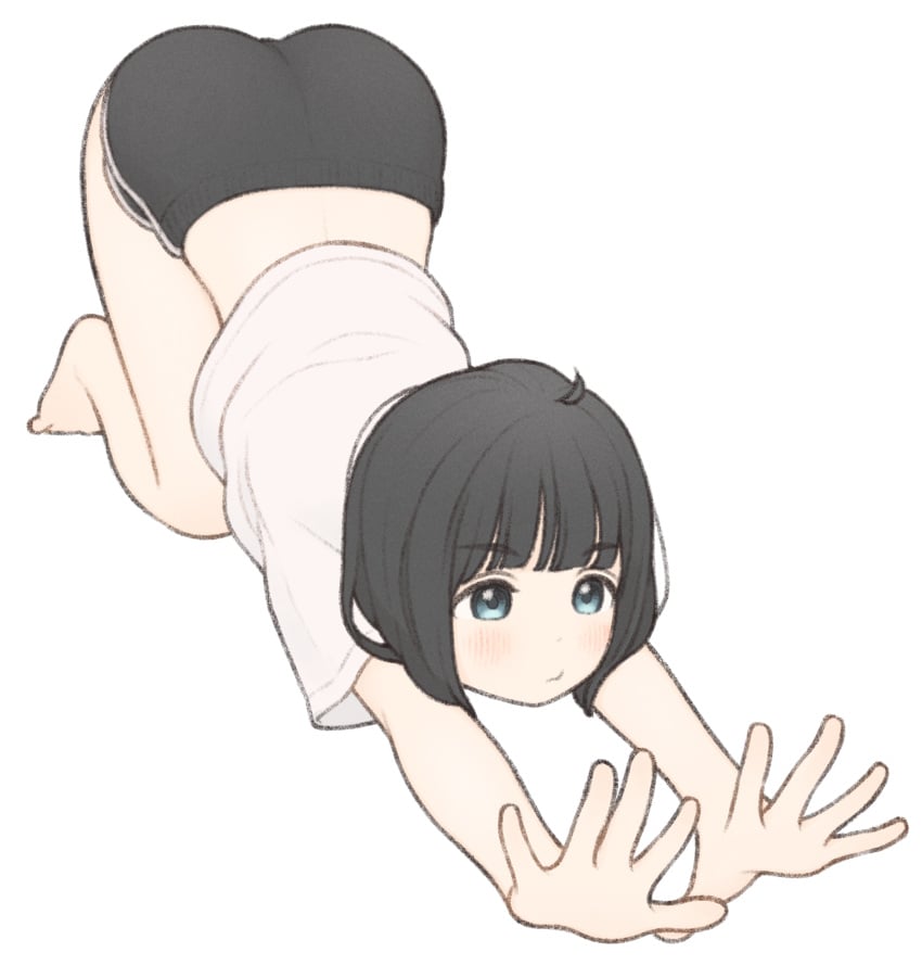 1girls ass barefoot black_eyes black_hair black_shorts bob_cut cat_stretch closed_mouth full_body issakawaguchi light_blush looking_ahead midriff original original_character shirt short_hair short_shorts short_sleeves shorts simple_background solo stretching top-down_bottom-up white_background white_shirt