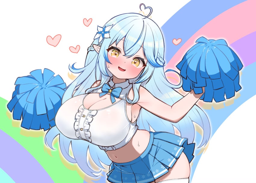 :d adapted_costume ahoge blue_bow blue_bowtie blue_eyes blue_skirt blush bow bowtie breasts brooch cheerleader cleavage commentary_request crop_top female flower hair_flower hair_ornament heart heart_ahoge highres hololive jewelry kani_bonara large_breasts long_hair looking_at_viewer microskirt midriff navel pleated_skirt pointy_ears pom_pom_(cheerleading) simple_background skirt smile solo star_brooch stomach thighhighs virtual_youtuber white_thighhighs yellow_eyes yukihana_lamy yukihana_lamy_(1st_costume) zettai_ryouiki