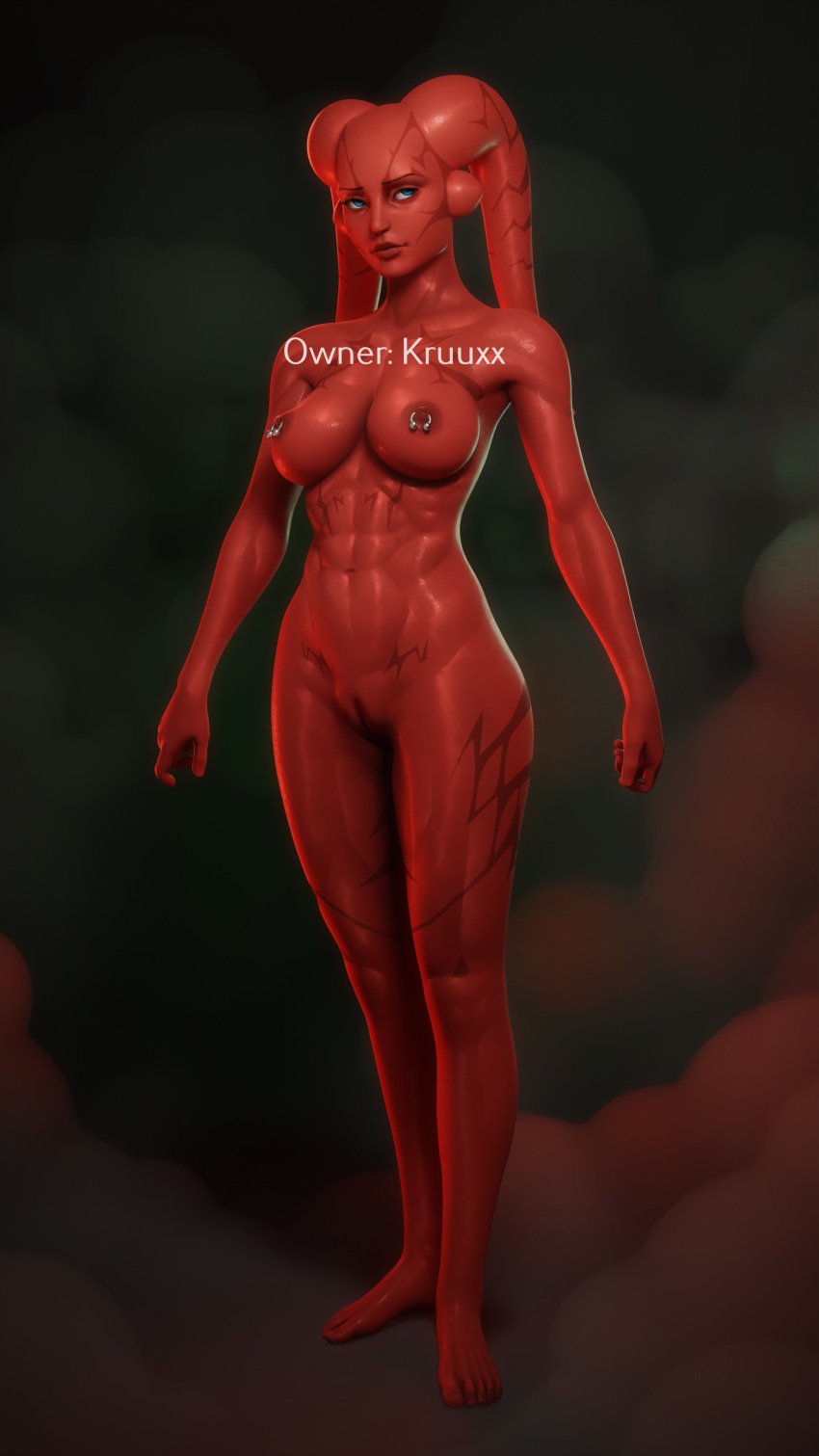 absurd_res alien apulaz blue_eyes breasts female hi_res humanoid kruuxx lekku_(anatomy) nipple_piercing nipples nude piercing red_body solo star_wars thighs tralla_vuko twi'lek