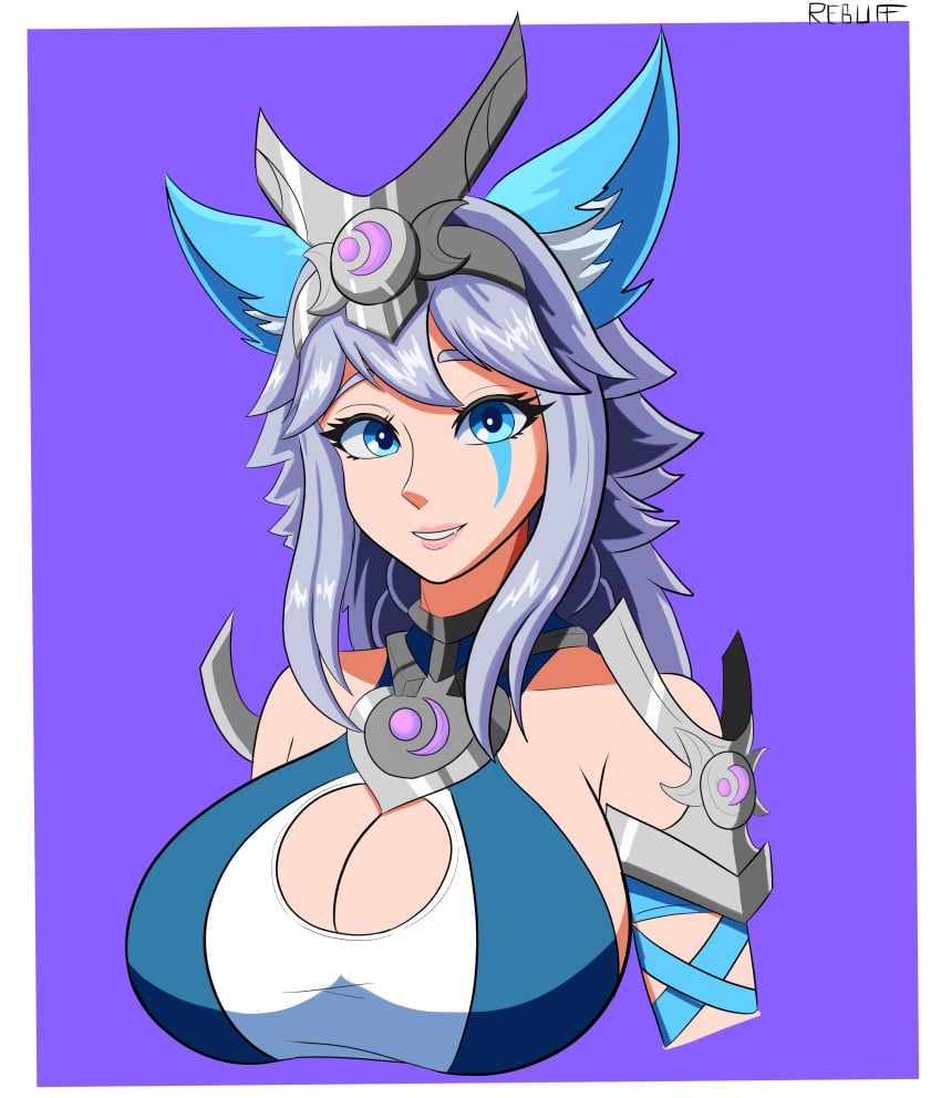 big_breasts blue_eyes blue_hair breasts bust cleavage cleavage_cutout clothed clothed_breasts clothed_female female fox_ears fox_girl goddess grey_hair huge_breasts io_(paladins) neckline paladins rebuffedtax614 sideboob smile