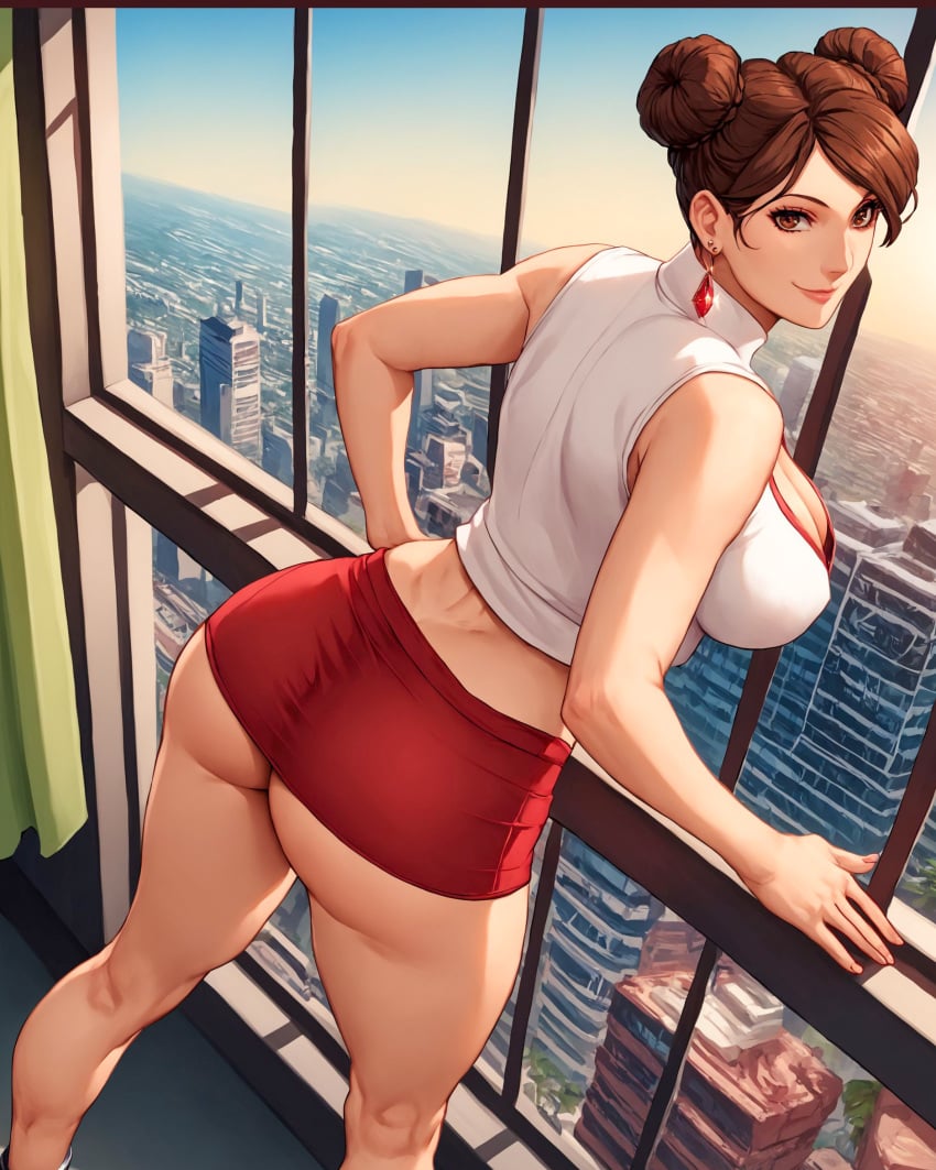 against_wall against_window ai_generated alex-schura alternate_costume apartment arm_support ass ass_focus athletic athletic_female bare_legs bare_midriff bare_shoulders bare_thighs big_ass big_breasts boruto:_naruto_next_generations breasts bubble_ass bubble_butt center_opening chinese_clothes city_background cleavage crop_top dat_ass double_bun dutch_angle earrings feet_out_of_frame from_behind full_body huge_ass indoors jewelry large_breasts lipstick looking_at_viewer looking_back makeup mature mature_female midriff milf miniskirt nai_diffusion naruto naruto:_the_last naruto_(series) naruto_shippuden no_bra no_bra_under_clothes no_panties no_panties_under_skirt parted_bangs pinup rear_view revealing_clothes shirt skimpy skimpy_clothes skirt smile stable_diffusion tenten thick_ass twin_buns underass viewed_from_behind window