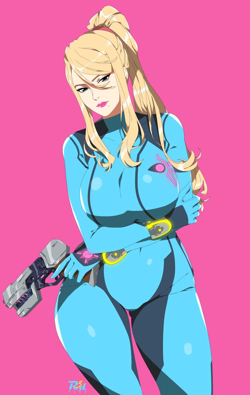 1girls absurdres beauty_mark big_breasts big_thighs bimbo blue_bodysuit blue_eyes bodysuit breasts commentary cowboy_shot curvy female female_only gun hair_between_eyes high_ponytail highres holding holding_gun holding_weapon large_breasts light-skinned_female light_skin lips lipstick long_hair metroid mole mole_under_mouth nintendo pink_background pink_lips pink_lipstick platinum_blonde_hair ponytail r3dfive samus_aran signature skin_tight solo standing thick thick_hips thick_thighs thighs tied_hair weapon wide_hips zero_suit zero_suit_samus