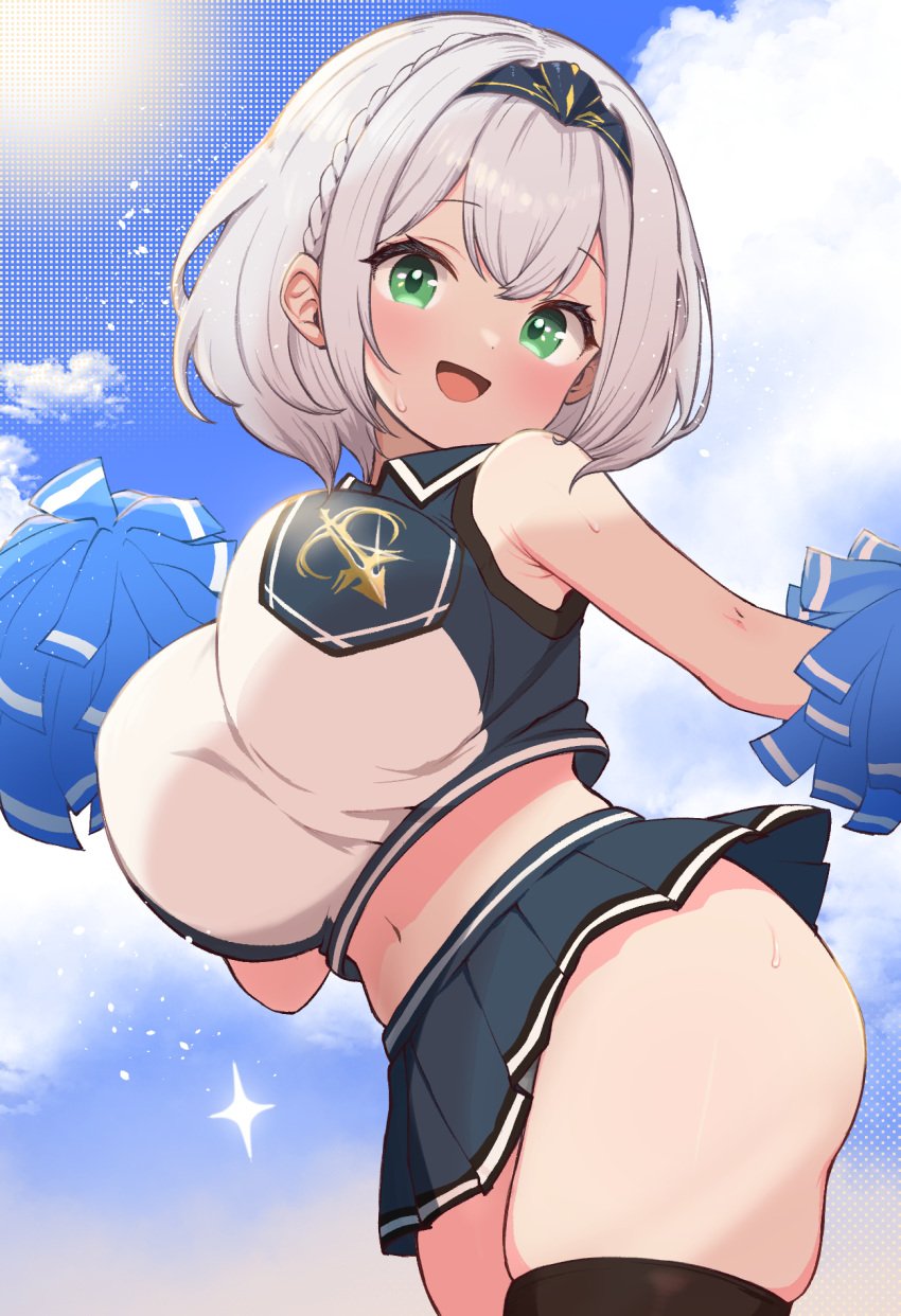 :d adapted_costume ass black_thighhighs blush breasts cheerleader commentary_request cowboy_shot female green_eyes grey_hair headgear highres hololive kani_bonara large_breasts looking_at_viewer microskirt navel pleated_skirt pom_pom_(cheerleading) shirogane_noel shirogane_noel_(1st_costume) short_hair skindentation skirt smile solo stomach thighhighs virtual_youtuber