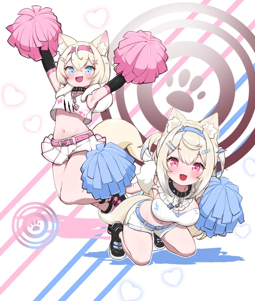 2girls :3 :3d :d absurdres adapted_costume alternate_costume animal_ear_fluff animal_ears armpits arms_up bandaid bandaid_hair_ornament belt blonde_hair blue_belt blue_eyes blush breasts cheerleader collar collarbone crossed_bangs cute_fang dog_ears dog_girl dog_tail elbow_gloves female fuwamoco fuwawa_abyssgard fuwawa_abyssgard_(1st_costume) gloves hair_ornament highres hololive hololive_english kani_bonara kneeling large_breasts long_hair looking_at_viewer microskirt mococo_abyssgard mococo_abyssgard_(1st_costume) multiple_girls navel oerba_yun_fang pink_belt pink_eyes pleated_skirt pom_pom_(cheerleading) short_hair shorts siblings sisters skirt smile stomach tail twins two_side_up virtual_youtuber white_background white_shorts white_skirt x_hair_ornament