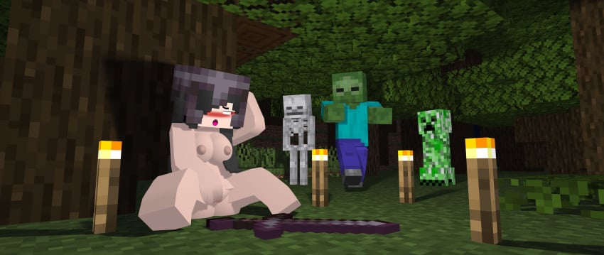 1girls 3boys 3d armor black_hair creeper_(minecraft) erect_nipples fingering_pussy forest horny_female looking_at_another looking_back lovesweetiepie masturbation mine-imator minecraft monster nude_female open_mouth public public_masturbation public_nudity red_eyes sitting_down skeleton_(minecraft) spread_legs sword tagme tiff_(lovesweetiepie) torch vampire_girl weapon wet_pussy zombie_(minecraft)