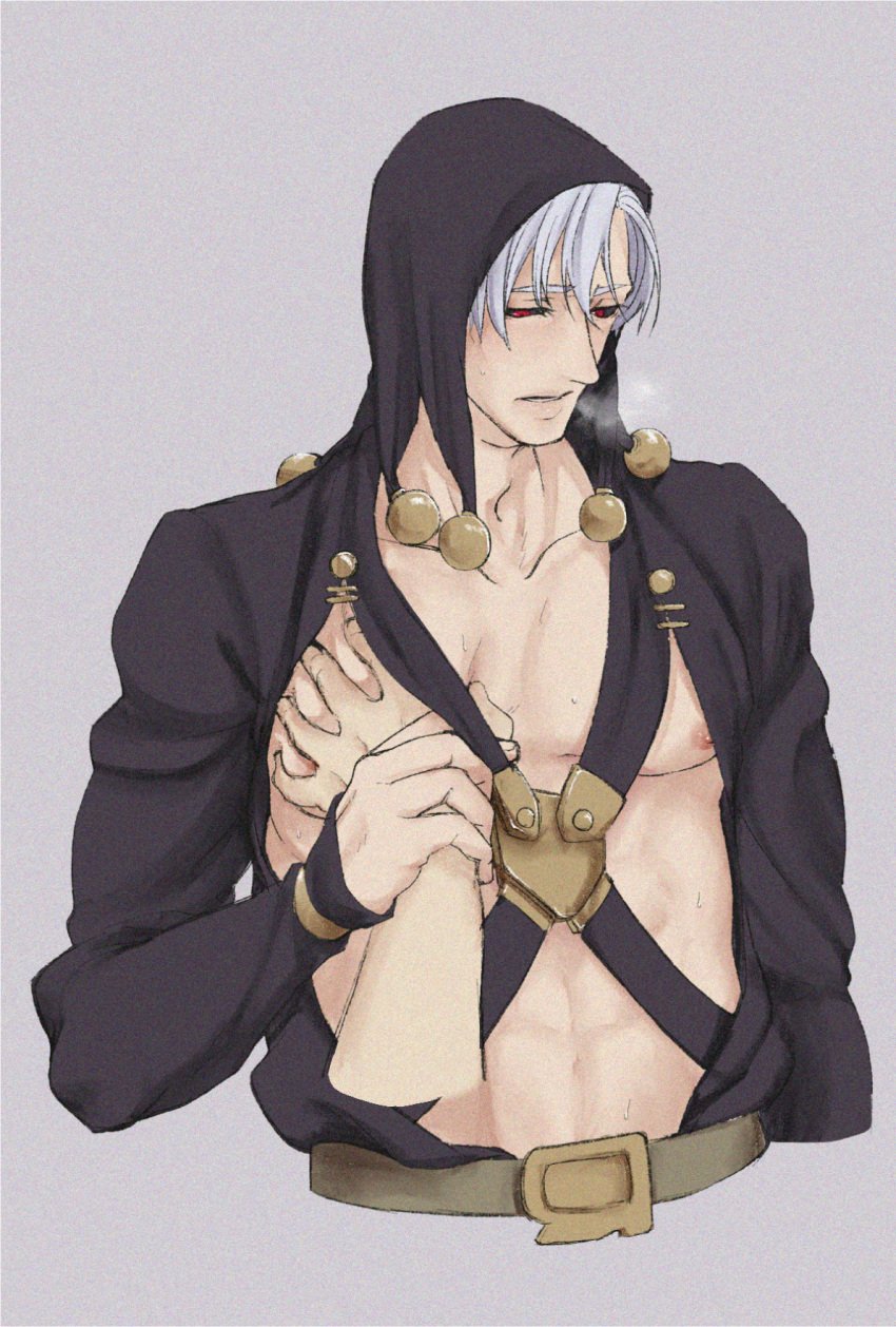 1boy grey_hair jojo's_bizarre_adventure male male_focus male_nipples male_only muscular_male red_eyes risotto_nero solo touching_chest vento_aureo