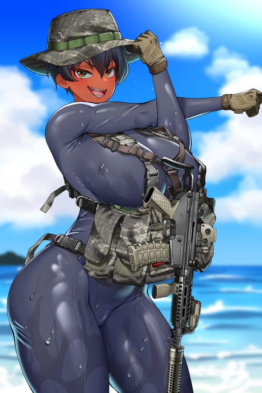 gun hitch_(hitch_driessen/perotoss400/kirochef) huge_breasts looking_at_viewer oc rokmc_chan swimsuit tan_body thick_thighs tomboy