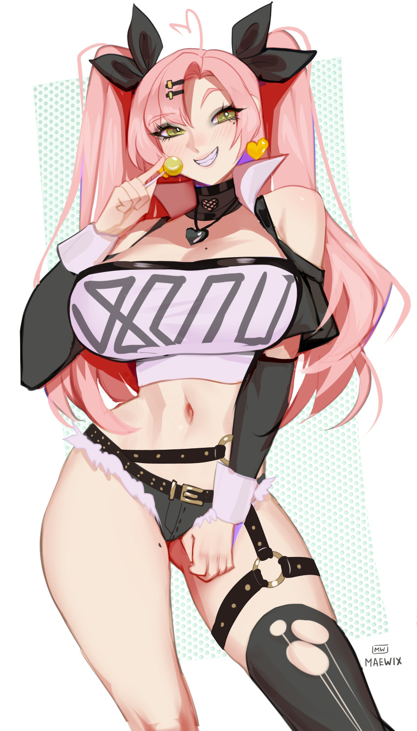 1girls absurd_res arm_sleeves big_breasts black_thighhighs blush earrings female female_only fur-trimmed_shorts green_eyes hair_ribbon hairclip lollipop long_hair looking_at_viewer maewix1 minishorts nicole_demara o-ring one_thighhigh pink_hair smiling smiling_at_viewer solo straps teeth_showing thighhighs topwear torn_thighhighs twintails wrist_cuffs zenless_zone_zero