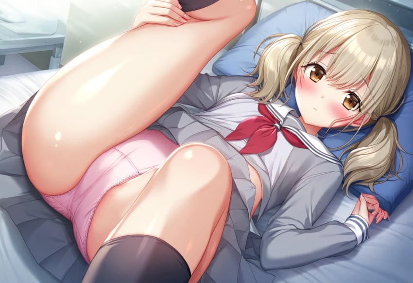 1girls ai_generated ass azusawa_kohane bed bedroom belly blonde_hair blush breasts clothed clothing female female_focus female_only high_resolution highres laying_down laying_on_back laying_on_bed light_brown_hair looking_at_viewer medium_breasts naked on_back on_bed panties partially_clothed partially_clothed_female partially_nude partially_undressed pov project_sekai pussy school school_uniform schoolgirl solo solo_female solo_focus thighs tummy underwear uniform