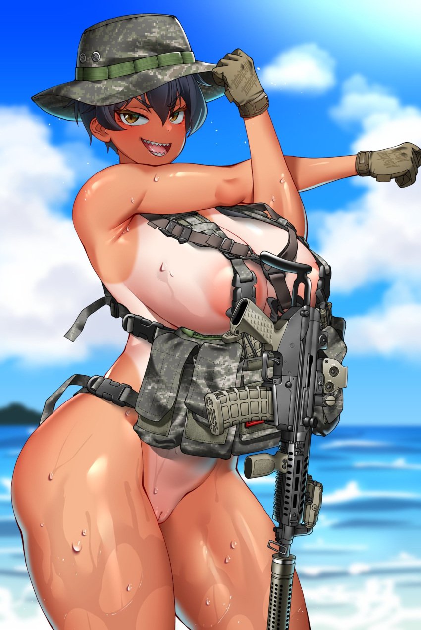 blush gun hitch_(hitch_driessen/perotoss400/kirochef) huge_breasts looking_at_viewer oc rokmc_chan sideboob tan_body tan_lines tanline thick_thighs tomboy wet