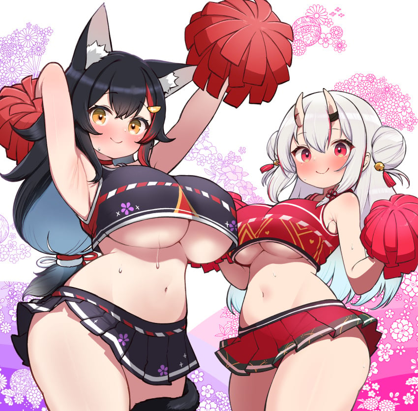 2girls :p alternate_breast_size animal_ears armpits arms_up bell black_hair black_skirt blush breasts brown_eyes cheerleader commentary_request cowboy_shot double_bun grey_hair grin hair_bell hair_bun hair_ornament heart highres hololive horns kani_bonara large_breasts long_hair looking_at_viewer low-tied_long_hair microskirt multicolored_hair multiple_girls nakiri_ayame navel ookami_mio pleated_skirt pom_pom_(cheerleading) red_eyes red_hair skin-covered_horns skirt smile stomach streaked_hair symbol-shaped_pupils tail tail_around_own_leg tongue tongue_out underboob virtual_youtuber wolf_ears wolf_girl wolf_tail