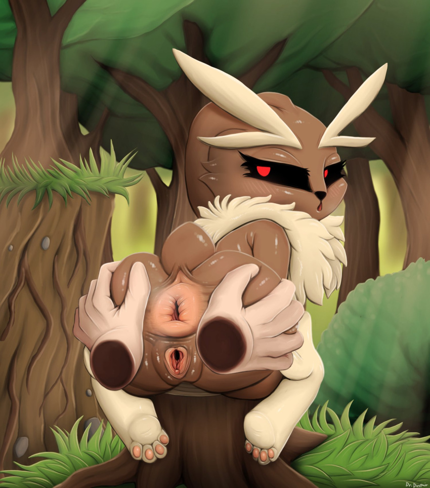 1boy 1girls alternate_version_available anthro anus ass big_ass big_butt black_sclera curvaceous curvy curvy_figure despairchanpu disembodied_hand disembodied_hands female furry game_freak huge_ass imminent_anal imminent_sex lagomorph lopunny male nintendo nude pokemon pokemon_(species) puffy_anus pussy red_eyes spread_anus spread_ass spread_pussy spreading tagme thick_thighs