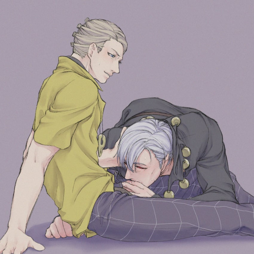 2boys clothed clothing fully_clothed gay grey_hair jojo's_bizarre_adventure male male/male male_only oral oral_sex prosciutto risotto_nero vento_aureo yaoi yellow_hair