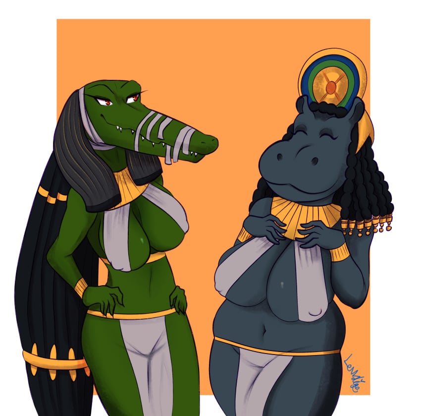 2girls ammit ammit_(moon_knight) anthro anthro_only big_breasts deity egyptian egyptian_clothes egyptian_female egyptian_mythology female_only goddess hippopotamus hippopotamus_humanoid lewdigo marvel marvel_cinematic_universe marvel_comics monster_girl moon_knight_(series) mythology nightmare_waifu public_domain scalie scalie_female scalie_humanoid taweret taweret_(moon_knight)