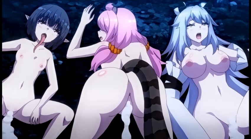 3girls anime_screencap ass big_breasts black_hair cum cum_on_butt cum_on_pussy elf_ears hyakkiya_tantei_jimusho_hyakkiya_hikari_no_youkai_jikenbo karada_de_kaiketsu_hyakkiya_tantei_jimusho long_hair long_tongue monster_girl multiple_girls naked nipples nude ova purple_hair screenshot short_hair tied_hair tongue white_hair