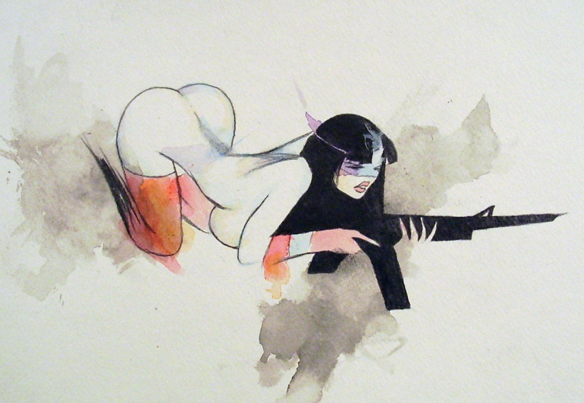 1girls ass dc female phantom_lady_(dc) shelton_bryant sideboob solo tagme traditional_media_(artwork) watercolor_(artwork)