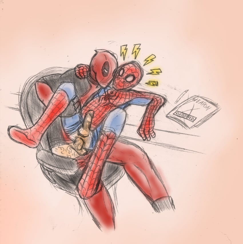 2boys anal anal_penetration anal_sex chotpot clothed_sex costume cum_in_ass deadpool erection gay legs_apart legs_held_open male male_only marvel multiple_males multiple_penises penis peter_parker scar scarring scars sex sideways sitting_on_penis sketch smooth_skin spandex spider-man spider-man_(series) testicles text torn_bodysuit uncensored wade_wilson yaoi