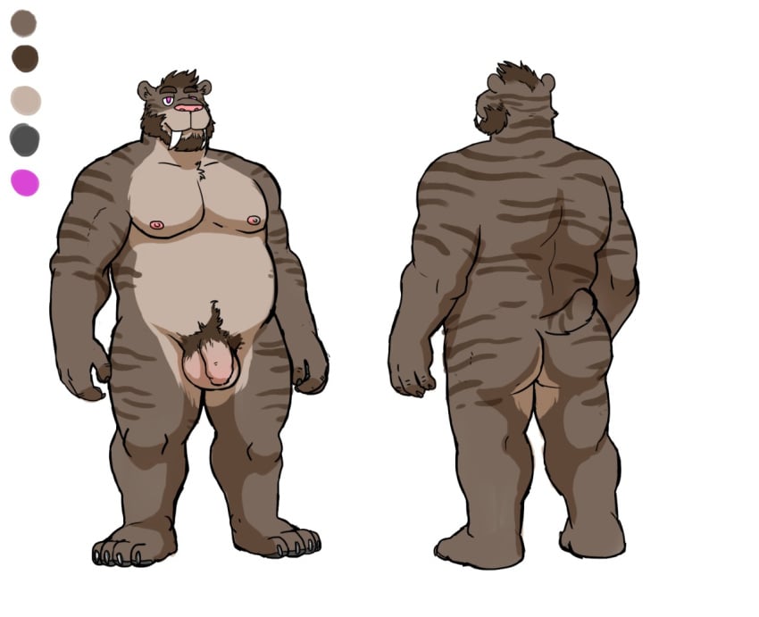 2018 anthro ass balls beard biceps brown_hair facial_hair fangs feline hair humanoid_penis hyenaface male mammal model_sheet nipples nude overweight overweight_male penis pubes purple_eyes roantiger saber-toothed_cat simple_background solo standing uncut white_background