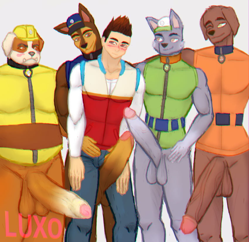 aged_up anthro balls biceps big_balls big_penis bird_dog blush bottomwear breasts bulldog canid canine canis chase_(paw_patrol) clothed clothing denim denim_clothing domestic_dog erection erection_under_clothing fivesome forced foreskin genitals german_shepherd glans group hat headgear headwear herding_dog hi_res huge_balls huge_cock human humanoid_genitalia humanoid_hands humanoid_penis hunting_dog interspecies jeans labrador luxoh male male/male mammal mastiff meme mixed_breed molosser overweight overweight_male pants partially_clothed pastoral_dog paw_patrol paws pecs penis retriever rocky_(paw_patrol) rubble_(paw_patrol) ryder_(paw_patrol) vein veiny_penis yellow_eyes zuma_(paw_patrol)