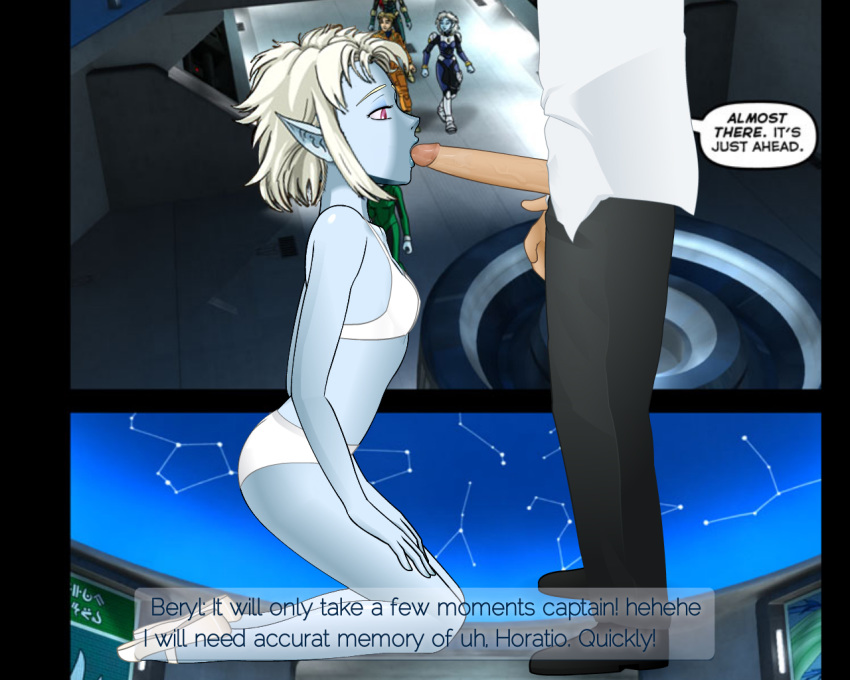 1boy 1girls :>= alexander_jardin arioch beryl_(outsider) blue_skin bra breasts english_text fellatio female jim_francis konashion loroi male oral outsider_(webcomic) panties penis pointy_ears screencap side_view super_deepthroat_game text webcomic white_hair