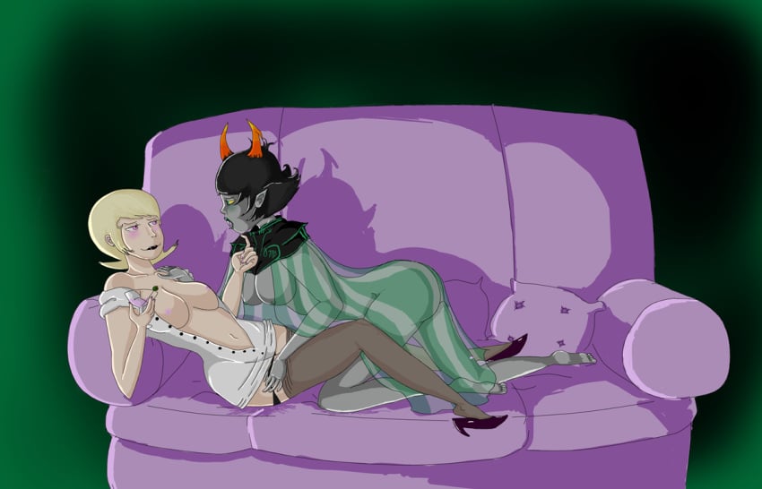 2girls alcohol black_hair black_lipstick blonde_hair blush breasts breasts_out couch fangs green_eyes green_lipstick high_heels homestuck horns lesbian lingerie milf ms._lalonde ms_paint_adventures multiple_girls nipples open_mouth panties pink_eyes pointy_ears short_hair the_dolorosa troll wine_glass yuri