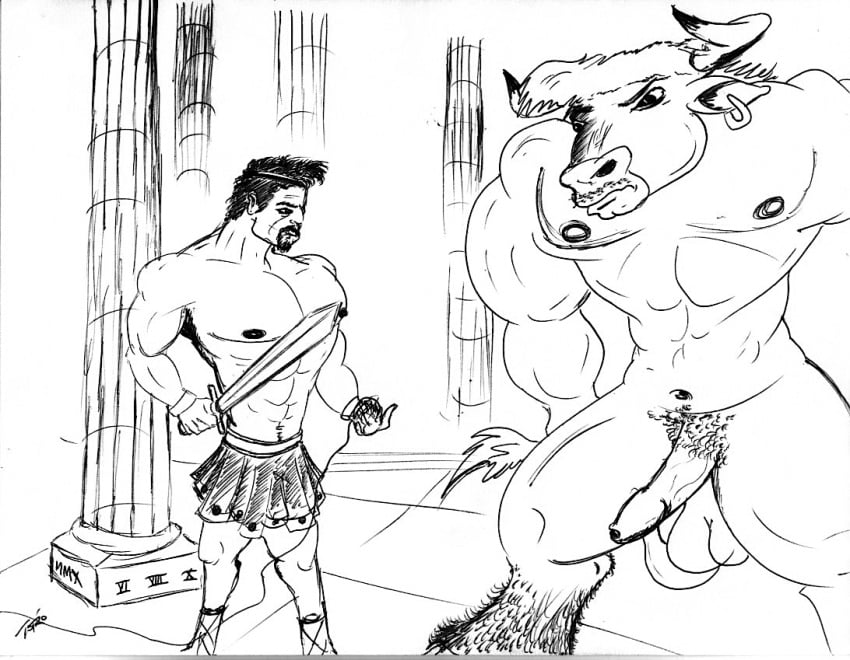 2boys abs anthro asterion ball_of_string balls ballsack beefy bovine bovine_tail dangling_testicles earring erect_nipples erection facial_hair foreskin gay goatee greek_mythology headband horns human humanoid_penis hyper_muscles intact kilt large_penis long_foreskin low_hanging_balls male male_nipples male_only male_pubic_hair manly masculine minotaur monochrome monster muscular_male mustache mythology nude_male pecs penis pierced_ear questionable_anatomy scrotum sketch sword tagme tail testicles theseus topless toro_(artist) uncut unretracted_foreskin veiny_penis