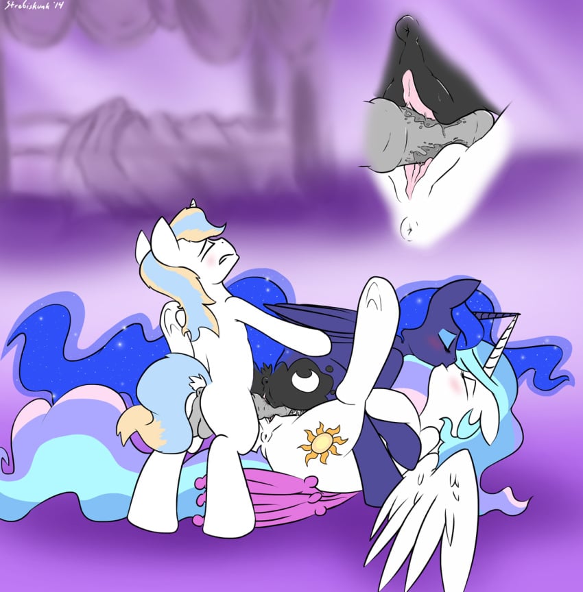 2014 alicorn animal_genitalia animal_penis anus ass balls bisexual blue_fur blue_hair blush closed_eyes cutie_mark double_tribadism_on_penis equine equine_penis female feral friendship_is_magic frottage fur group group_sex hair horn horsecock incest kissing legs_up long_hair lying male mammal multicolored_hair my_little_pony on_back on_top original_character penis princess_celestia_(mlp) princess_luna_(mlp) pussy pussy_juice sex sibling sisters spread_legs spreading standing straight strebiskunk threesome tribadism_on_penis two_tone_hair unicorn white_fur wings