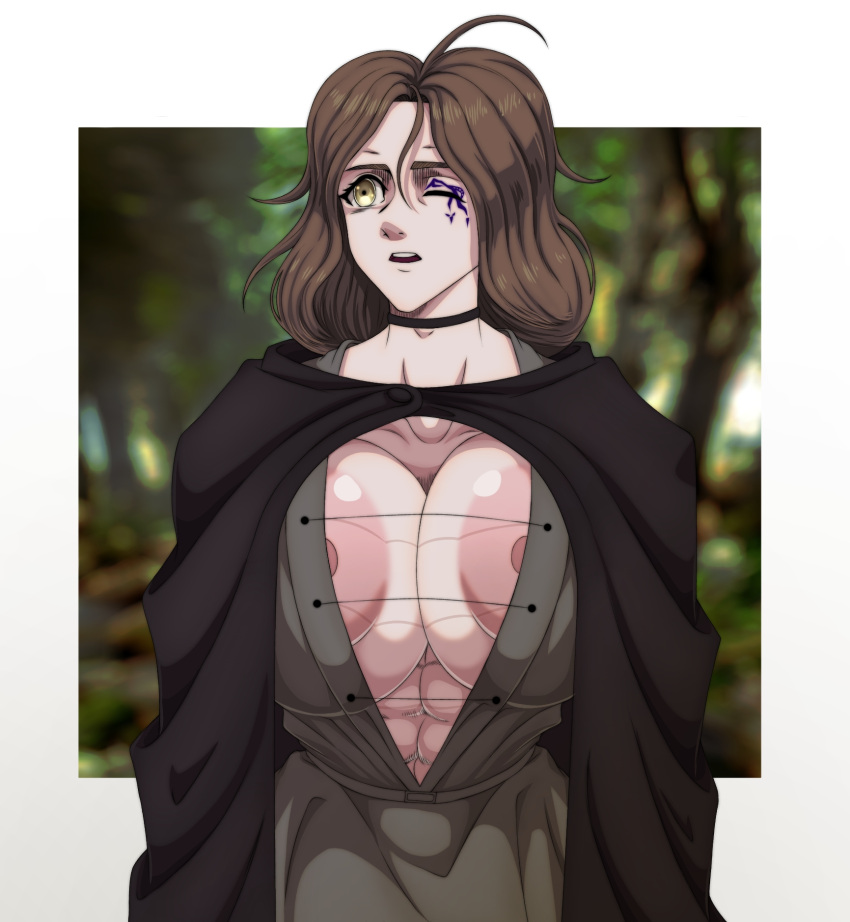 abs areolae big_breasts brown_hair cape choker cleavage cloak elden_ring facial_mark facial_tattoo female fromsoftware hashimiro_takahi huge_breasts large_areolae melina_(elden_ring) nipple_slip no_bra one_eye_closed solo straining_buttons tight_clothing yellow_eyes