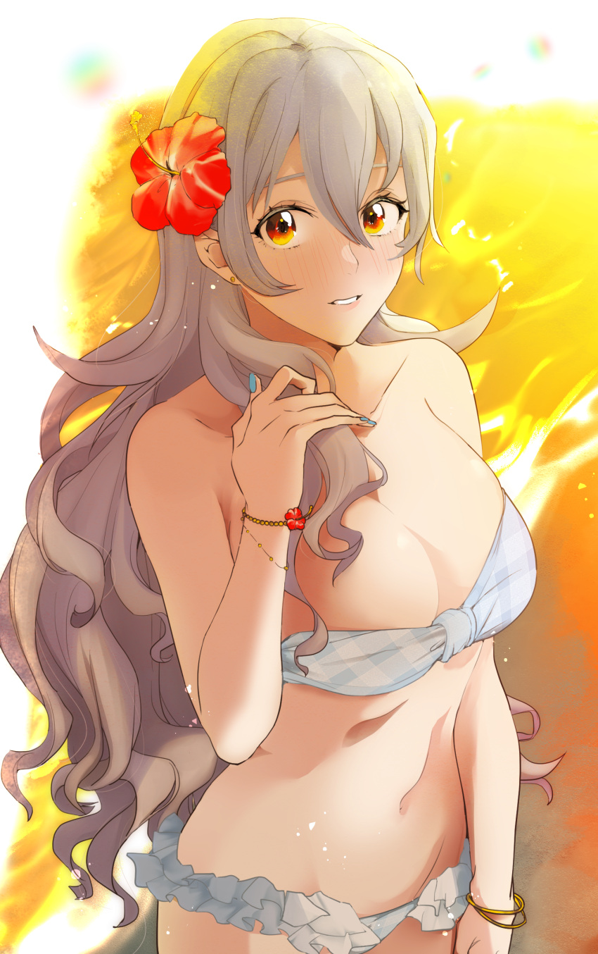 1girls absurdres alternate_costume bikini blue_nails blush breasts collarbone commentary_request corrin_(female)_(fire_emblem) corrin_(fire_emblem) corrin_(fire_emblem)_(female) female female_only fingernails fire_emblem fire_emblem_fates flower grey_hair hair_between_eyes hair_flower hair_ornament hibiscus highres large_breasts long_hair looking_at_viewer nail_polish navel nintendo orange_eyes pointy_ears red_flower solo sou_mei stomach swimsuit very_long_hair wavy_hair white_bikini white_swimsuit