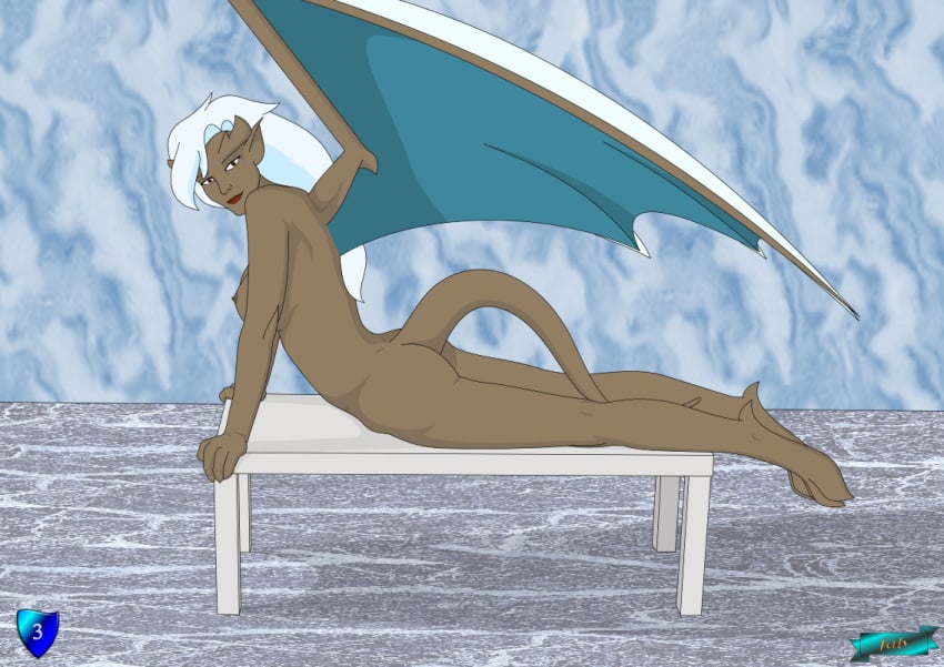 1girls brown-skinned_female brown_skin delilah_(gargoyles) disney fab fab3716 female female_only gargoyles humanoid nipples nude nude_female on_table solo solo_female white_hair winged_humanoid wings