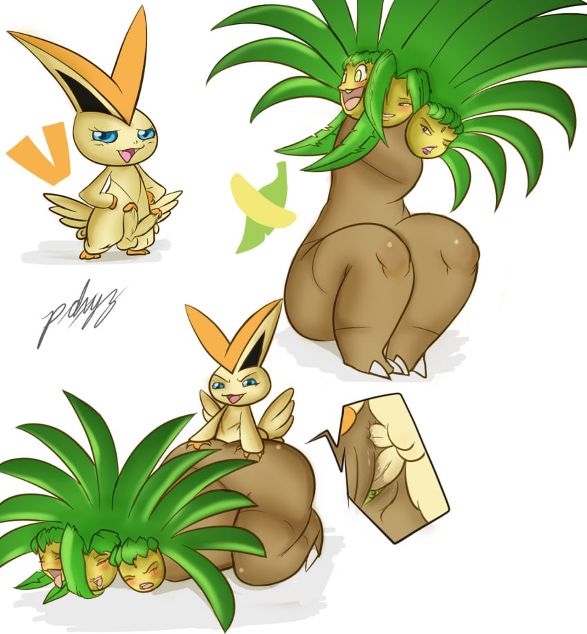 1boy 1girls armless erection exeggutor furry interspecies nintendo oddrich pdxyz penis pokémon_(species) pokemon pokemon_bw sex straight testicles text victini wide_hips