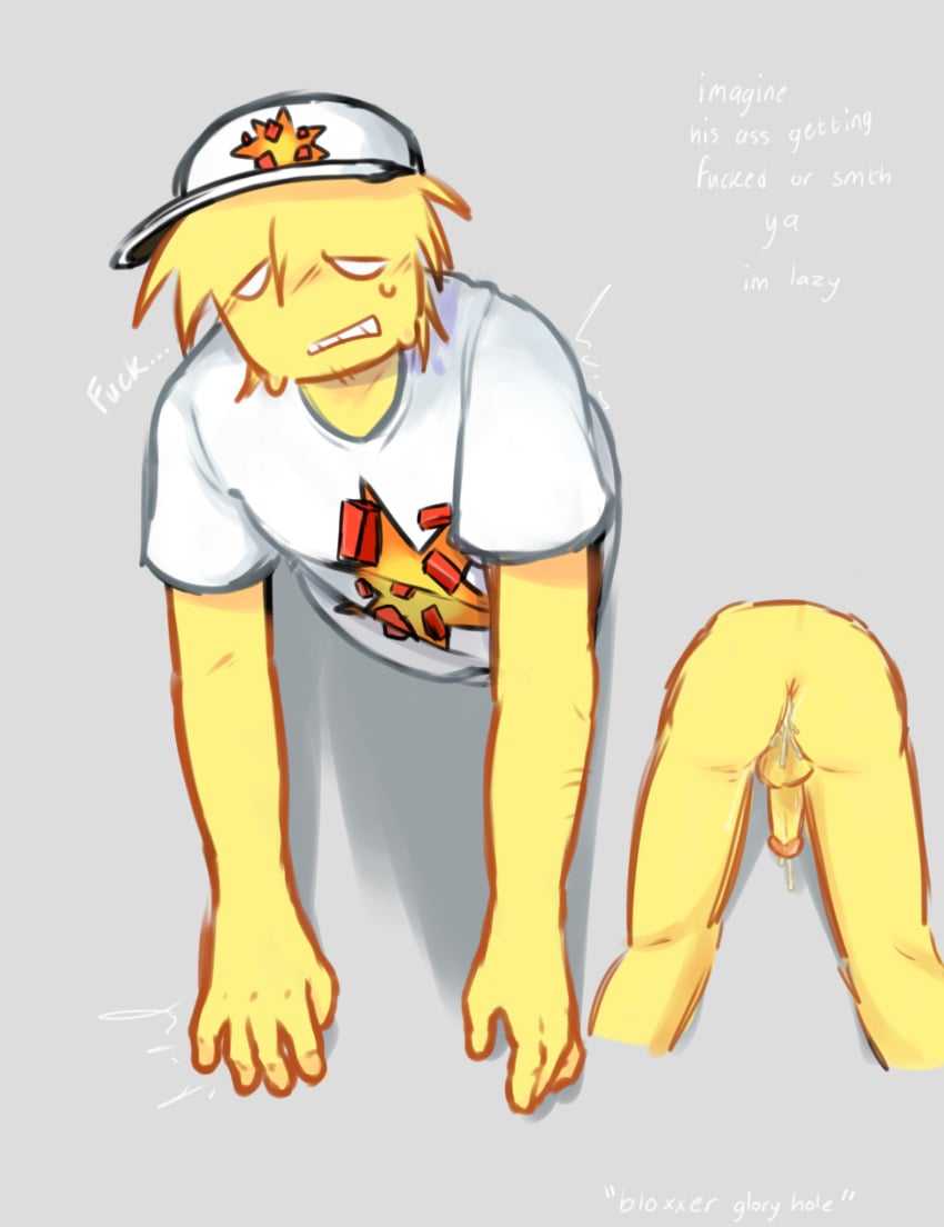 2d ass bloxxer_(the_robloxia:_until_dawn) cum cum_drip cum_in_ass english_text glory_hole male male_focus male_only roblox roblox_game robloxian self_upload simple_background the_robloxia:_until_dawn white_shirt yellow_body