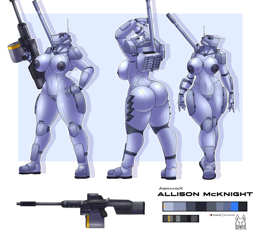 allison_mcknight_(spyglass8) anthro autocannon breasts color_swatch dark_nipples digital_media_(artwork) female genitals grey_body gun hi_res holding_gun holding_object holding_ranged_weapon holding_weapon living_machine living_tank living_vehicle m1_abrams machine model_sheet mounted_gun nude pussy raised_arms ranged_weapon standing tacticalfur tank vehicle weapon