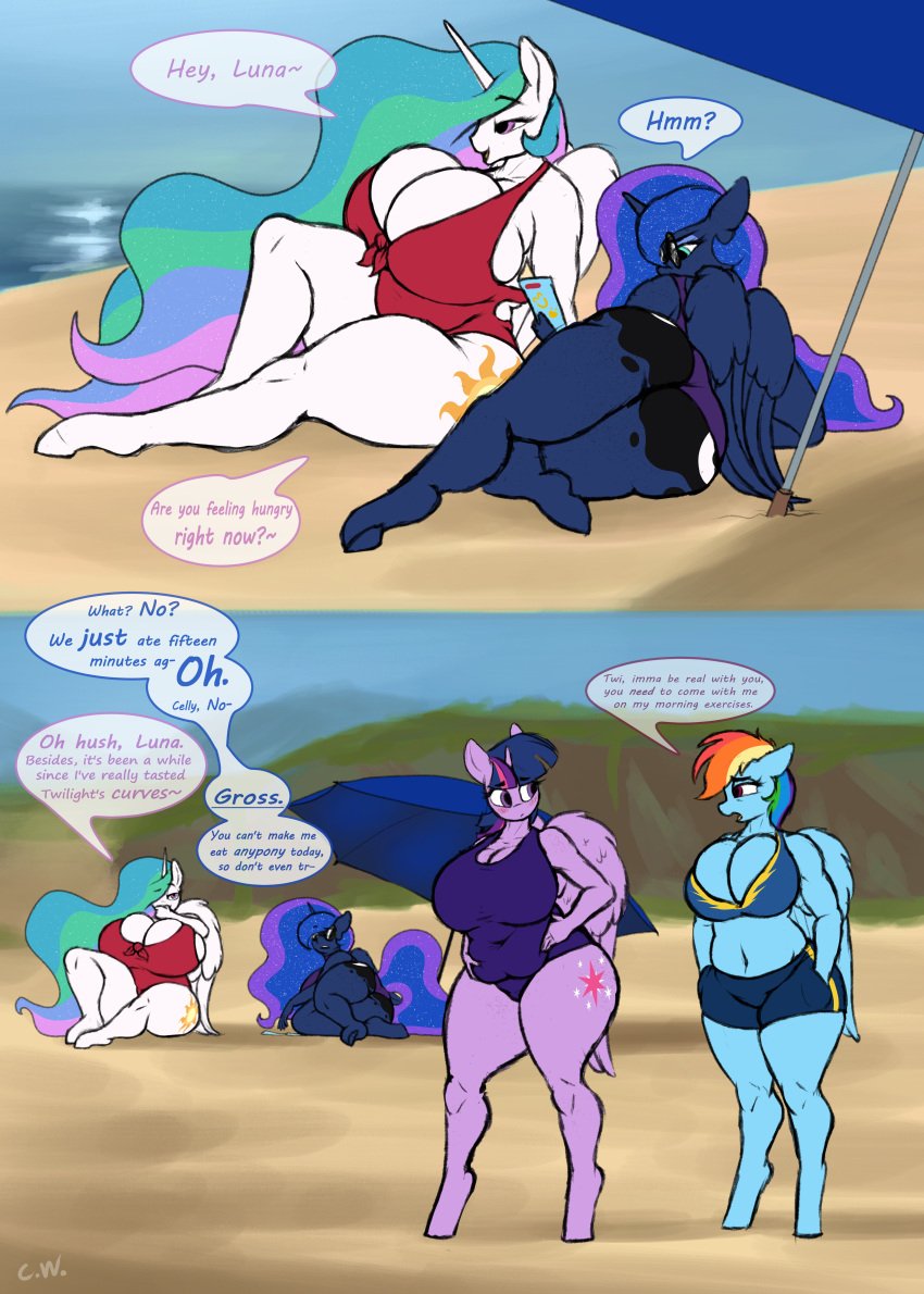 absurd_res alicorn anthro anthrofied ass big_breasts big_butt biped blue_body breasts cleavage clothed clothing crazy_water dialogue doomfister equid equine eyelashes eyewear female friendship_is_magic fupa glasses group hasbro hi_res horn huge_breasts huge_butt lying mammal my_little_pony mythological_creature mythological_equine mythology navel on_side overweight overweight_female pegasus pince-nez princess_celestia_(mlp) princess_luna_(mlp) pupils purple_body rainbow_dash_(mlp) sibling_(lore) sister_(lore) sisters_(lore) sitting speech_bubble swimwear text thick_thighs twilight_sparkle_(mlp) umbrella white_body wings