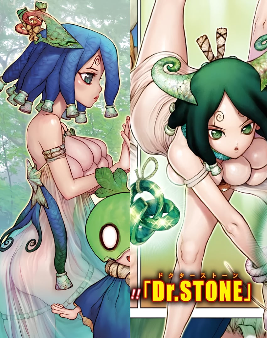 2girls ass ass_focus best_girl black_hair bottomless dr.stone female female_only green_eyes hair_ornament impossible_clothes kirisame_(dr.stone) legs murata_yuusuke narrow_waist no_panties official_art see-through see-through_dress thighs