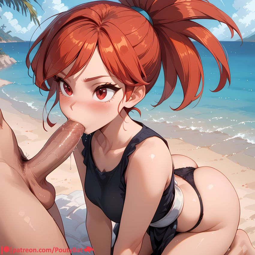 1girls 1man ai_generated ass beach black_panties blowjob cute cute_face female flannery_(pokemon) flannery_(pokemon_oras) flannery_(pokemon_rse) hair_tie nature nature_background outside panties pokemon poutybat red_eyes red_hair sucking sucking_penis white_skinned_female