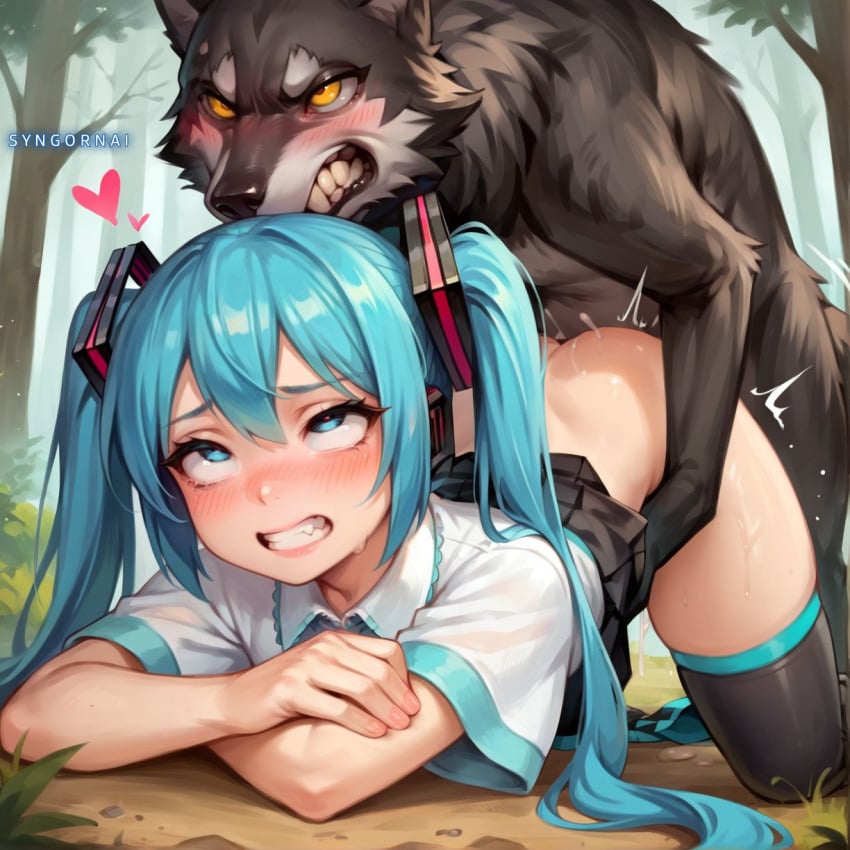 ai_generated clenched_teeth doggy_style feral feral_on_human hatsune_miku mikuo_hatsune syngornai wolf zoophilia