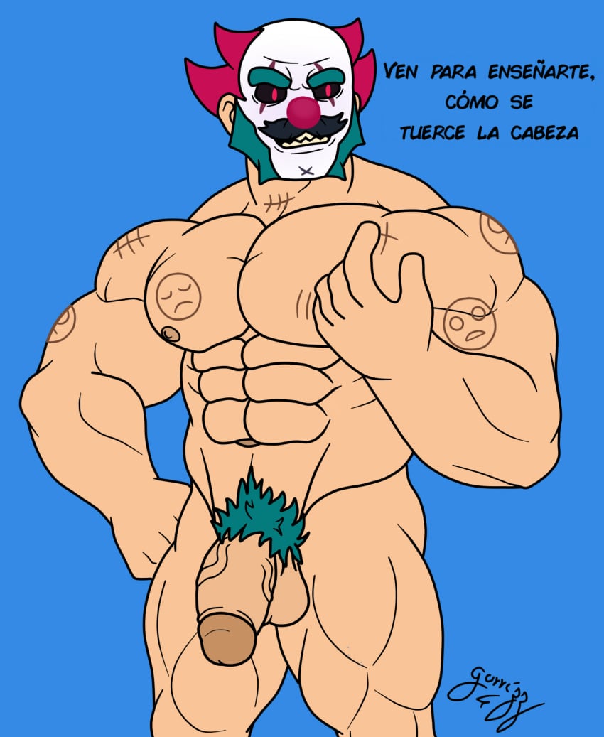 ass bara brawl_stars breasts clown daddy exhibitionism gay gorrizz hair moustache muscles muscular old penis pubic_hair sam_(brawl_stars) skin spanish_text text