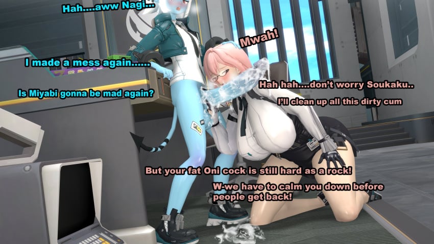 1futa 1girls 3d blue_skinned_futanari blushing cum cum_drip cum_on_penis english_text futa_on_female light-skinned_female soukaku_(zenless_zone_zero) text theboobedone tsukishiro_yanagi uncensored zenless_zone_zero