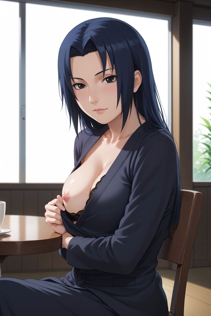 ai_generated black_eyes black_hair cafe clothes_pull hentarttt looking_at_viewer milf naruto naruto_(classic) naruto_(series) nipples one_breast_out one_breast_out_of_clothes uchiha_mikoto undressing