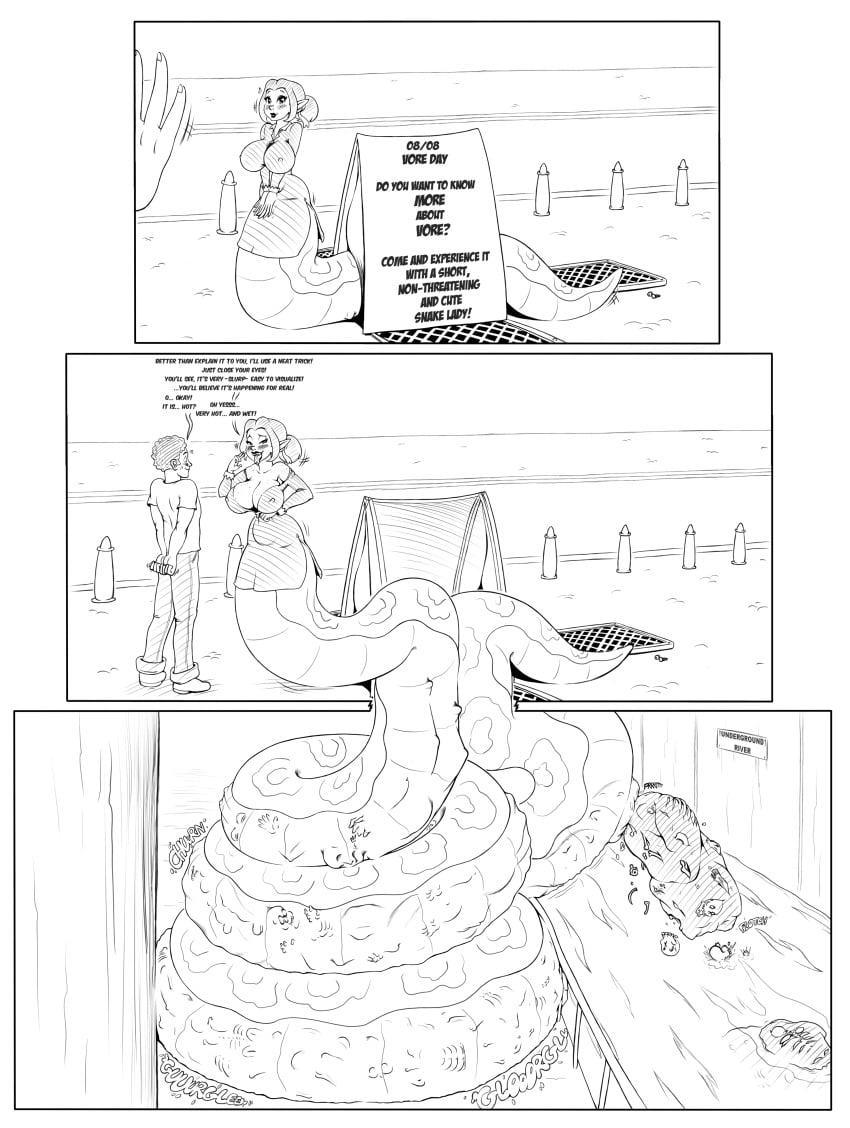 2022 absurd_res after_vore apode breasts clothing death digestion draconcopode dress english_text feces female frakass hi_res human lamia legless male mammal monochrome multiple_prey reptile scalie serpentine snake split_form text vore
