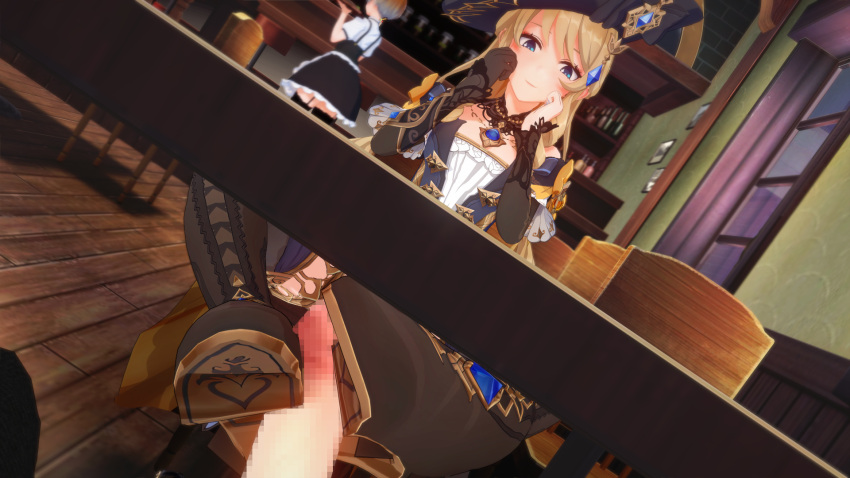 3d bootjob fully_clothed_female koikatsu navia_(genshin_impact) penis shoejob shoes smiling thigh_boots under_the_table