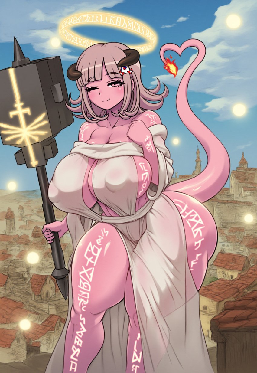 ai_generated cow-ede_akamatsu danganronpa fantasy huge_ass huge_breasts mace monster_girl priestess runic_text see-through tagme thick_thighs tiefling wide_hips