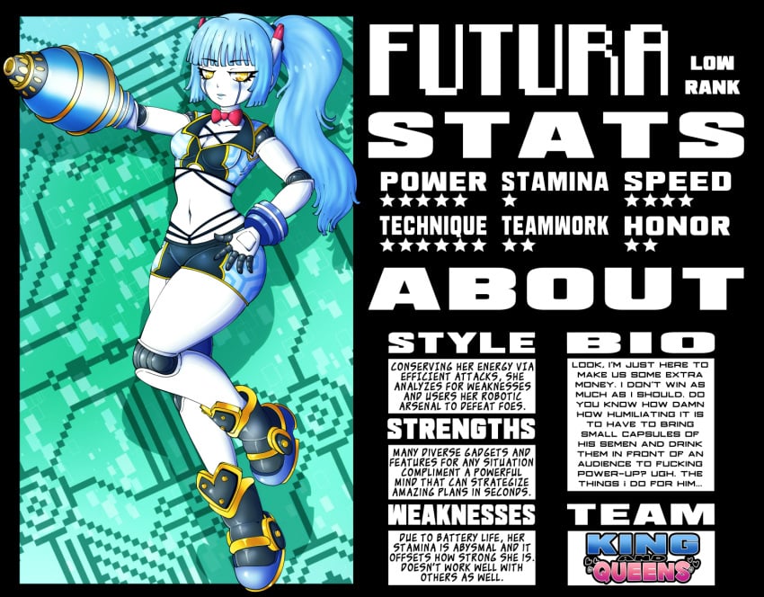 android android_girl ass big big_ass blaster blue_hair breasts breasts_out futura_(mhfap!) huge_ass large_ass little_breasts machine mhfap! ponytail robot robot_girl sex sex_machine sexy stats white_body wide_hips yellow_eyes