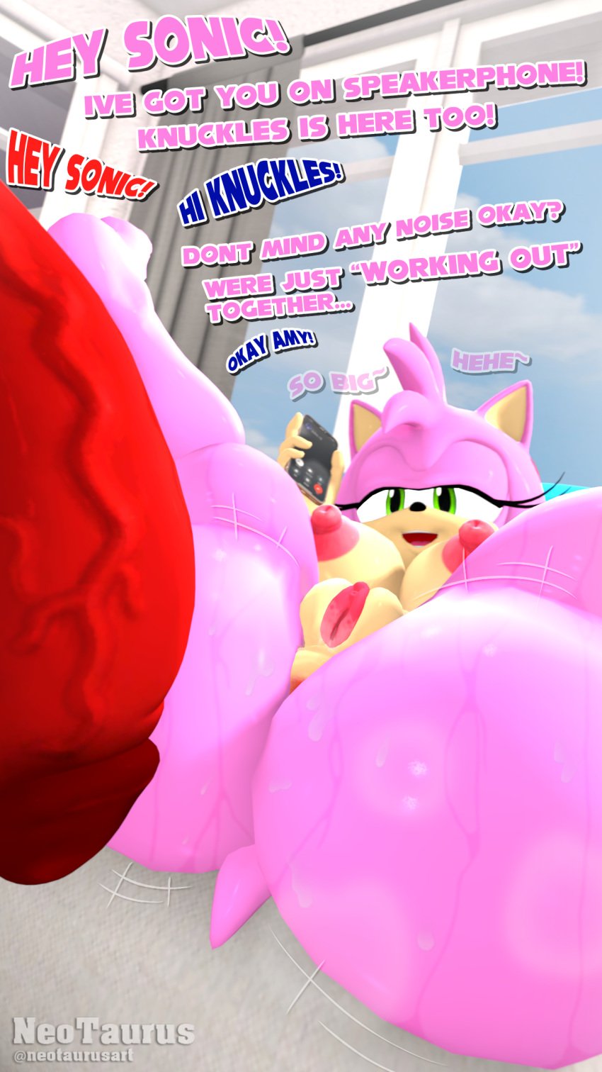 amy_rose anthro ass big_butt big_penis bodily_fluids cheating_girlfriend cuckold duo echidna electronics eulipotyphlan female genitals hedgehog hi_res huge_butt imminent_sex infidelity knuckles_the_echidna lying male male/female mammal monotreme neotaurus on_back penis phone phone_call presenting sega shaking_butt sonic_the_hedgehog sonic_the_hedgehog_(series) sweat text