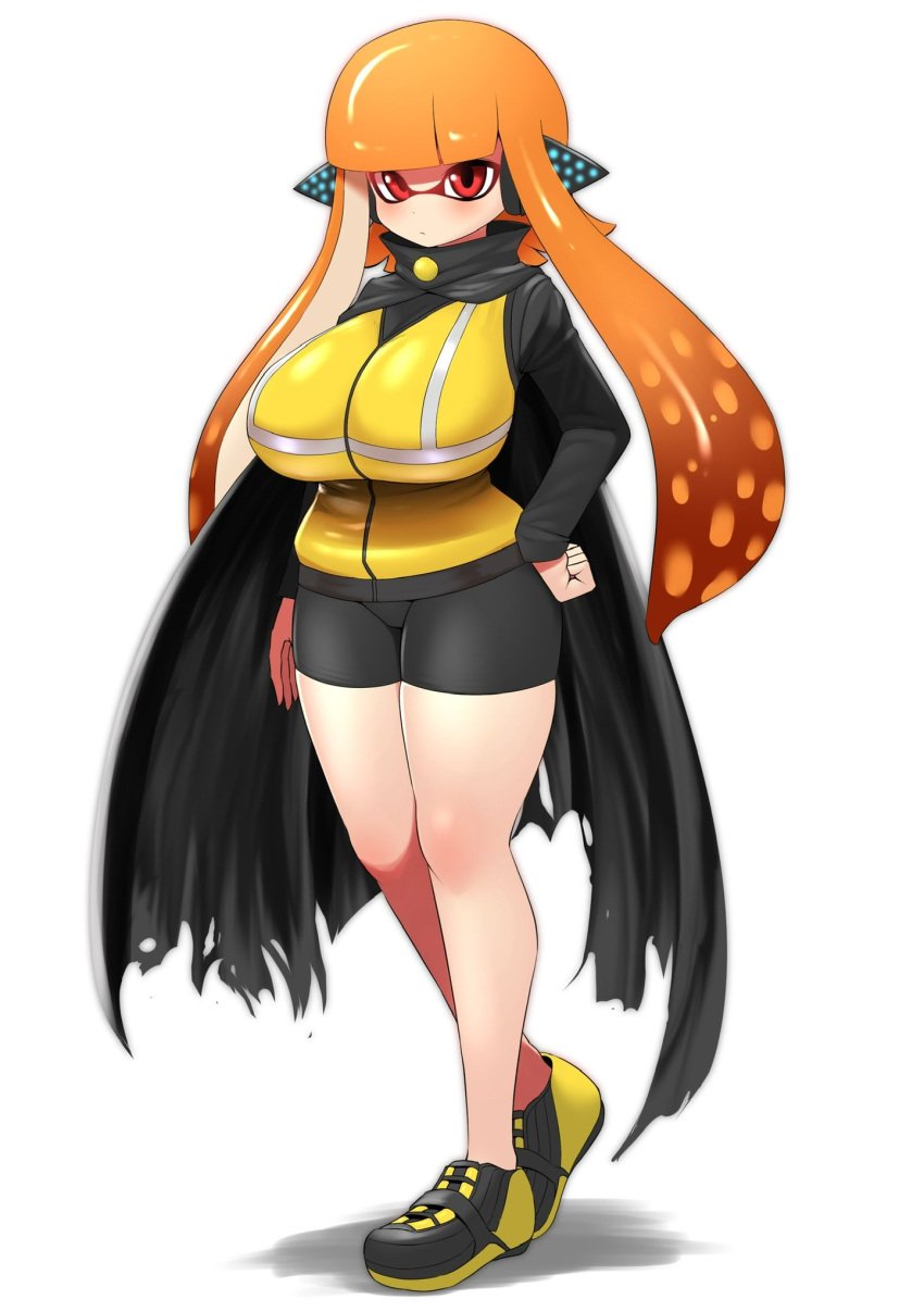 2025 agent_3_(splatoon) bare_legs big_breasts blank_stare blush blush cape clothed clothing coat female female_focus female_only full_body fully_clothed huge_breasts inkling inkling_girl jacket kaori_(splatoon) legs light-skinned_female light_skin long_hair looking_at_viewer nobunagapero orange_eyes orange_hair png shorts simple_background solo solo_female solo_focus splatoon splatoon_(series) tight_clothing tight_shorts white_background