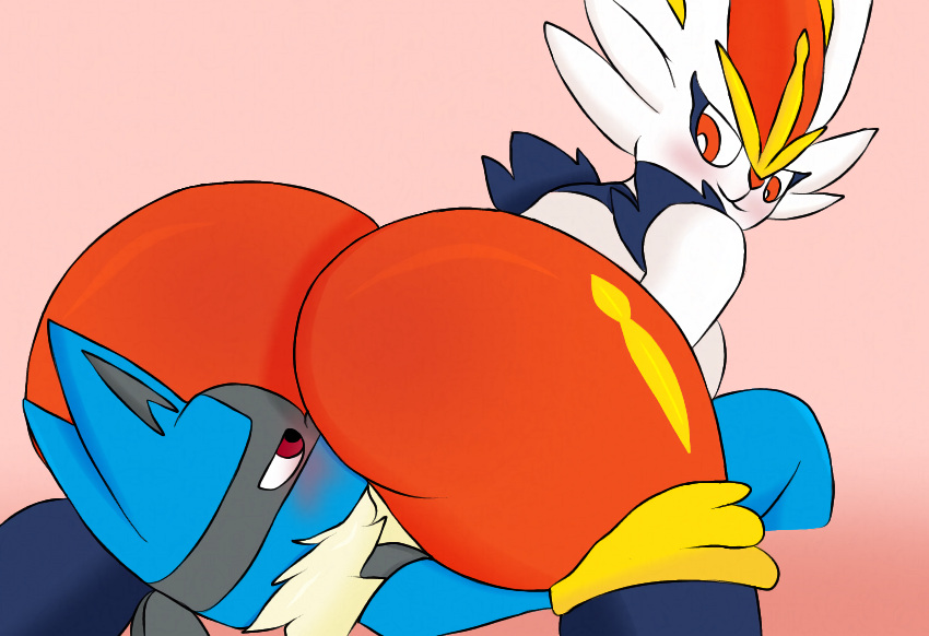 1boy1girl blue_fur blush blush cinderace eating_pussy fur furry furry_only huge_ass looking_back lucario lying_on_bed mkkstt8 on_bed pokemon pokemon_(species) sex white_fur